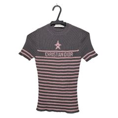 [Meito] Dior Short-Sleeve Knit Dioliviera Striped 36 Size Gray Pink Cashmere Women's Apparel