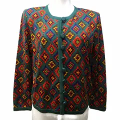 イヴサンローラン YVES SAINT LAURENT ヴィンテージ ニット カーディガン 総柄 プリント ウール 長袖 M 緑 グリーン 系 IBO81 1107