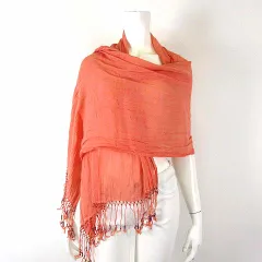 23区 オンワード樫山 サマーストール マフラー 麻 リネン 絹 シルク ビーズ フリンジ ペールオレンジ