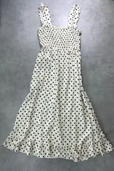ZARA ザラ ドット柄 シャーリング ロング ワンピース S アイボリー ブラック 水玉 フリル Aライン マキシ丈 キャミワンピ 裏地あり 春 夏 美シルエット 伸縮性あり 大人可愛い デート リゾート カジュアル【目立つ汚れなし】
