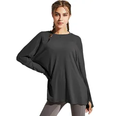 [Zleufirty] ヨガウェア レディース トップス スポーツロングTシャツ トレーニングウェア レディース 長袖 ゆったり フィットネスウェア ランニングストレッチ 吸汗速乾 (JP, アルファベット, S, ブラック)