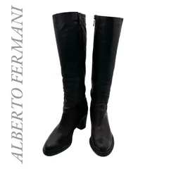 【B4999】 ALBERTO FERMANI アルベルト フェルマーニ ロングブーツ レザー ダークブラウン ラウンドトゥ 太ヒール