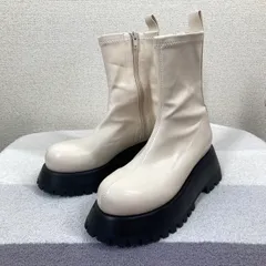 マウジー スクエアトゥ ブーツ M 23.5 24.0 白 アイボリー バイカラー 黒ソール チャンキーヒール サイドジップ 美脚 MOUSSY