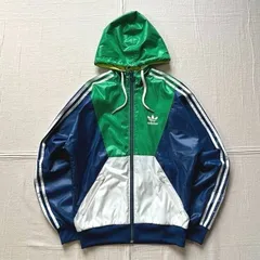 80s復刻　旧タグ　archive　アディダス　配色切り替え　濃淡グリーン×ブルー×ホワイト　フード付きトラックジャケット　ナイロン　パーカー　トレフォイルロゴ　3 stripes　袖ライン　XS　Y2K　平成　color switching jacket