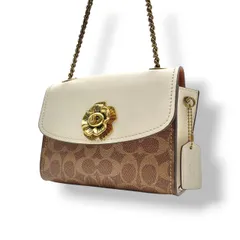 美品 コーチ COACH ショルダーバッグ ミニポシェット チェーン クロスボディ シグネチャー ハート PVC レザー ホワイト ブラウン 白 茶 エレガント クラシック カジュアル デート 旅行 トラベル レディース 斜め掛け可 鞄 U7