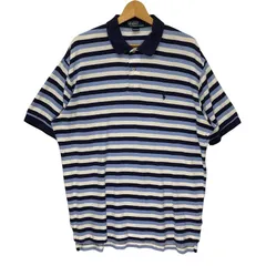 90's vintage 90年代ヴィンテージ Polo by Ralph Lauren ポロバイラルフローレン ボーダー 半袖 ポロシャツ ポニー刺繍 BOLIVIA製 Lサイズ ネイビー ライトブルー ホワイト