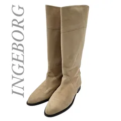 【B4948】 INGEBORG インゲボルグ ロングブーツ スエード ベージュ アーモンドトゥ ローヒール プルオン レディースのサムネイル