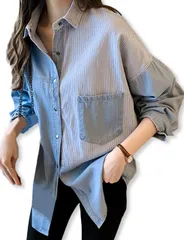 [スロウライド] レディース シニア 女の子 女性 大人 子供 キッズ ジュニア デニム シャツ しゃつ tシャツ ブラウス トップス カットソー カーディガン ジャケット 長袖 七分袖 7分袖 長丈 薄手 ストライプ ゆったり  [ライトブルー] [2XL]