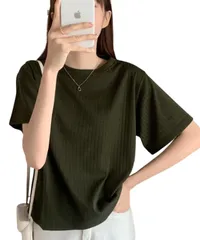 [Elixio] [エリクシオ] レディース リブTシャツ 半袖 カットソー トップス ラウンドネック ゆったり 体型カバー 細見え 無地 シンプル 涼しい カジュアル インナー 春 夏 (JP, アルファベット, M, ダークカーキ [ダークカーキ] [M]