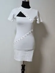 白 カットアウト 半袖 ミニ ワンピース ストレッチ