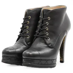 【SALE】CHANEL シャネル ブーツ ハイヒール G28406 COCOマーク ロゴ シグネチャー レザー レースアップ ストレートチップ チェック パターン シューズ 靴 レディース サイズ 36 1/2 ブラック 黒 イタリア製