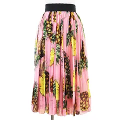 【未使用】DOLCE&GABBANA ドルチェアンドガッバーナ スカート シフォン  プリーツ  シルエット フルーツ パイナップル柄 果物 プリント シルク100％ ライナー取外可 ボトムス タグ付属 レディース 38 ピンク マルチカラー 総柄 イタリア製のサムネイル
