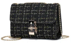 [SLOW＆MELLOW] ショルダーバッグ コンパクト ツイード ゴールドチェーン レトロ レディース バッグ カバン ミニ 3カラー 鞄 BAG かばん 斜め掛け ショルダー ハンド クラッチ バッグ 小さい きれいめ 大人 カジュアル 可愛 [ブラック]