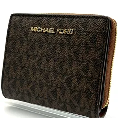 【超美品】マイケルコース MICHAEL KORS 二つ折り財布 MK柄 PVC レザー ブラウン コンパクトウォレット ミニ財布 小銭入れ付き ラウンドファスナー ゴールド金具 カード収納 レディース メンズ ユニセックス 総柄 定番 人気