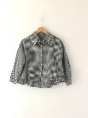 (新) ブラック ホワイト ギンガム CHECK フリル ブラウス シャツ