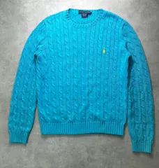 ラルフローレン ケーブルニット セーター L 水色 イエローポニー刺繍 コットン 綿 100% クルーネック RALPH LAUREN レディース メンズ 古着 訳あり 襟袖黄ばみあり 春色 スカイブルー ケーブル編み 定番 人気