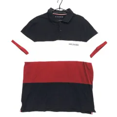 TOMMY HILFIGER トミーヒルフィガー ボーダー ポロシャツ 半袖ロゴ 刺繍 鹿の子 プルオーバー L ネイビー 白 赤 メンズ 【中古】