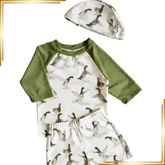 【新品】 [Moerstar] キッズ 水着 男の子 3点セット ラッシュガード サーフパンツ 帽子子ども用水着 小学生 セパレート スイムウェア 上下セット 子供 ベビー水着 赤ちゃん 幼児 保育園 幼稚園用 80～130cm (JP, 身長, 110, 1