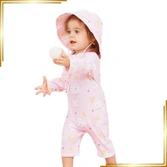 【新品】 [SLINX] ベビー 水着 男の子 女の子 キッズ ラッシュガード 帽子付き 2点セット 子供 水着 長袖 花柄 ベビースイミング オールインワン スイムウェア プール 海 水遊び UVカット 日焼け防止 YYY01 (100, ピンクひよこ) 1