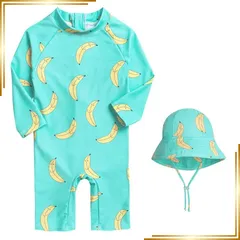 【新品】 [Suerba] 女の子 水着 長袖 キッズ 男の子 水着 かわいい ラッシュガード UV対策 キャップ付き 男女兼用 (90, ブルー) 0