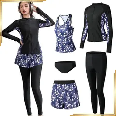 【新品】 水着 レディース フィットネス水着 体型カバー ラッシュガード 5点セット タンクトップ レギンス 指穴空き UVカット 冷感 水陸両用 オシャレ かわいい 水泳 女性用 1