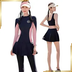 【新品】 [InSomila] 水着 体型カバー レディース ラッシュガード 4点セット UPF50＋ UVカット ビキニ フィットネス セパレート タンキニ ショートパンツ スカート レギンス付き 大きいサイズ 可愛い 日焼け防止 水陸両用 (JP, ア 1