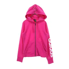 美品 adidas アディダス 袖ロゴプリント 長袖 フーディー ジップ スウェットパーカー L マゼンタ レディース 古着