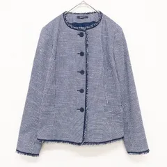 ◎Aquascutum　アクアスキュータム　ノーカラージャケット　ツイード　フリンジ　コットン　ナイロン　ネイビー　日本製　レディース　10　b00786のサムネイル