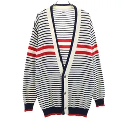 ZARA ザラ ポルトガル製 ボーダー柄 長袖 Vネック ニットカーディガン M オフホワイト メンズ 古着