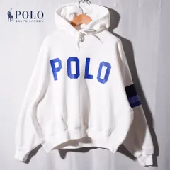 美品 ポロラルフローレン POLO RALPH LAUREN パーカー L ホワイト ブルー プリント POLO ドルマンスリーブ 裏起毛 フーディー スウェット アメカジ ユニセックス ストリート 古着 F366