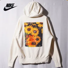 ナイキ NIKE パーカー XL ユニセックス ベージュ イエロー クリーム アート 花柄 ロゴ刺繍 裏毛 パイル ユニセックス スウェット フーディー ストリート Y2K スポーツミックス 古着 E667