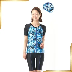 【新品】 [ラクア] フィットネス水着 レディース プリント柄 袖付き半袖セパレート キャップ付き 2020 2025-2060-9M-4 0