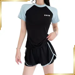 【新品】 [Moerstar] 水着 レディース 2点セット 体型カバー セパレート 半袖 ラッシュガード ショートパンツ 上下セット スポーツ風 可愛い おしゃれ 水陸両用 フィットネス プール 温泉 海 大人 学生 バイカラー フリーサイズ (JP,  0