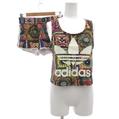 アディダス adidas 美品 セットアップ カットソー タンクトップ ショートパンツ L マルチカラー 総柄 ノースリーブ ショート丈 ロゴプリント /KB ■ECF003