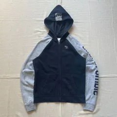 archive　Abercrombie&Fitch　アバクロ　フルジップアップ　短丈パーカー　スウェット生地　アイコン刺繍　袖ロゴワッペン　デカフード　ラグランスリーブ　ネイビー×グレー　Y2K　平成ギャル　グランジ　zip-up big logo parka