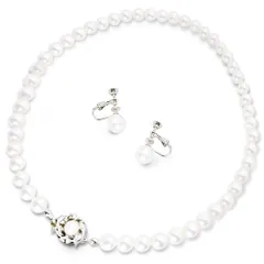 [waco blossom] 国産 艶玉パール パールネックレス 冠婚葬祭 日本製 高級 パールセット ケアクロス付 イヤリング 結婚式 葬儀 葬式 お呼ばれ 七五三 お宮参り 金属アレルギー M (42cm) [M (42cm) イヤリングセット]