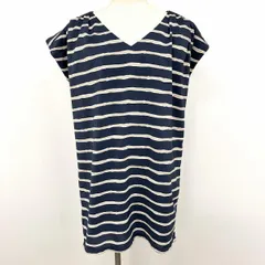 古着 BEAMS HEART 薄手 ワンピース 裏地付き キモノスリーブ ボーダー 両面Vネック ポリ100% ネイビー×ブラウン×ホワイト 紺 レディース