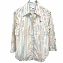 古着 ラコステ LACOSTE シャツ オープンカラー スキッパー ストライプ 7分袖 綿×ポリウレタン 38 ホワイト×オレンジ×ブルー レディース