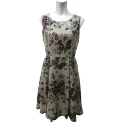 レストローズ L'EST ROSE タグ付き ワンピース ノースリーブ ひざ丈 花柄 総柄 ベージュ 2 約M IBO79