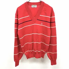 【中古】[印象AB] Munsingwear Grand Slam マンシングウェア グランドスラム ニット / セーター メンズ C80～90(1) レッド×オフホワイト×ネイビー 赤 毛100% ゴルフ ボーダー Vネック 長袖のサムネイル