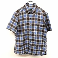 古着 エディーバウアー Eddie Bauer シャツ 二重生地 チェック ボタンダウン 半袖 胸ポケット 綿×麻 S ネイビー×ホワイト×ブラウン 紺 メンズ