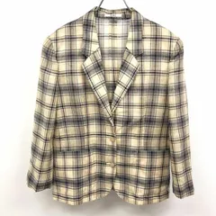 古着 ダックス DAKS 薄手 テーラードジャケット 透け感 裏地無し 肩パッド付き チェック 長袖 ポリ×麻 11AB3 アイボリー×ネイビー レディース