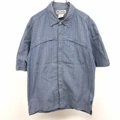 古着 Columbia シャツ ドットボタン チェック 両胸ジップポケット 半袖 ボックスカット 綿100% XS ネイビー×ブラウン×ホワイト 紺 メンズ