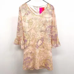 古着 レディ Rady 薄手 シフォンワンピース チュニック ノースリーブの裏地 7分袖 ポリ100% ピンク×パープル×イエロー ピンク レディース