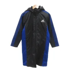 アディダス adidas 美品 ベンチコート ロゴ 中綿 裏ボア フード付き ロング丈 150 青 ブルー  黒 ブラック /YJ ■ECA002