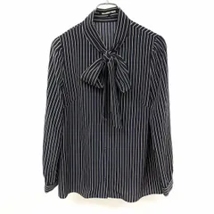 【中古】[印象A] STRAWBERRY-FIELDS ストロベリーフィールズ ブラウス / シャツ レディース ネイビー×ブラウン 紺 ポリ100% ボックスカット パフスリーブ 薄手 スカーフカラー ストライプ 長袖のサムネイル