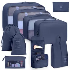 撥水加工 衣類仕分け 旅行用 目に見えるメッシュデザイン 出張 旅行用ポーチ 衣類 整理 10点セット 便利グッズ トラベルポーチ (紺)