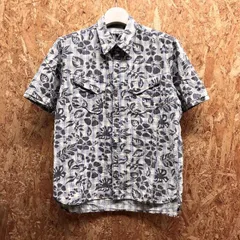 古着 a.v.v HOMME アーヴェヴェオム 46 メンズ シャツ 花柄×チェック柄 ドットボタン 両胸ポケット 半袖 綿100% 青系×茶系×オフホワイト系