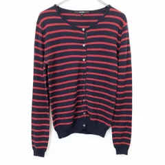 古着 マカフィー MACPHEE TOMORROWLAND 薄手 ニット セーター カーディガン ボーダー 丸首 シェルボタン 長袖 ウール100% 2 赤×紺 レディース