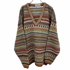 【中古】[印象AB] COLLEGE by Marcazzani ニット セーター Vネック ボーダー 長袖 イタリア製 ウール×アクリル 52 赤×茶×緑×グレー×白 メンズ